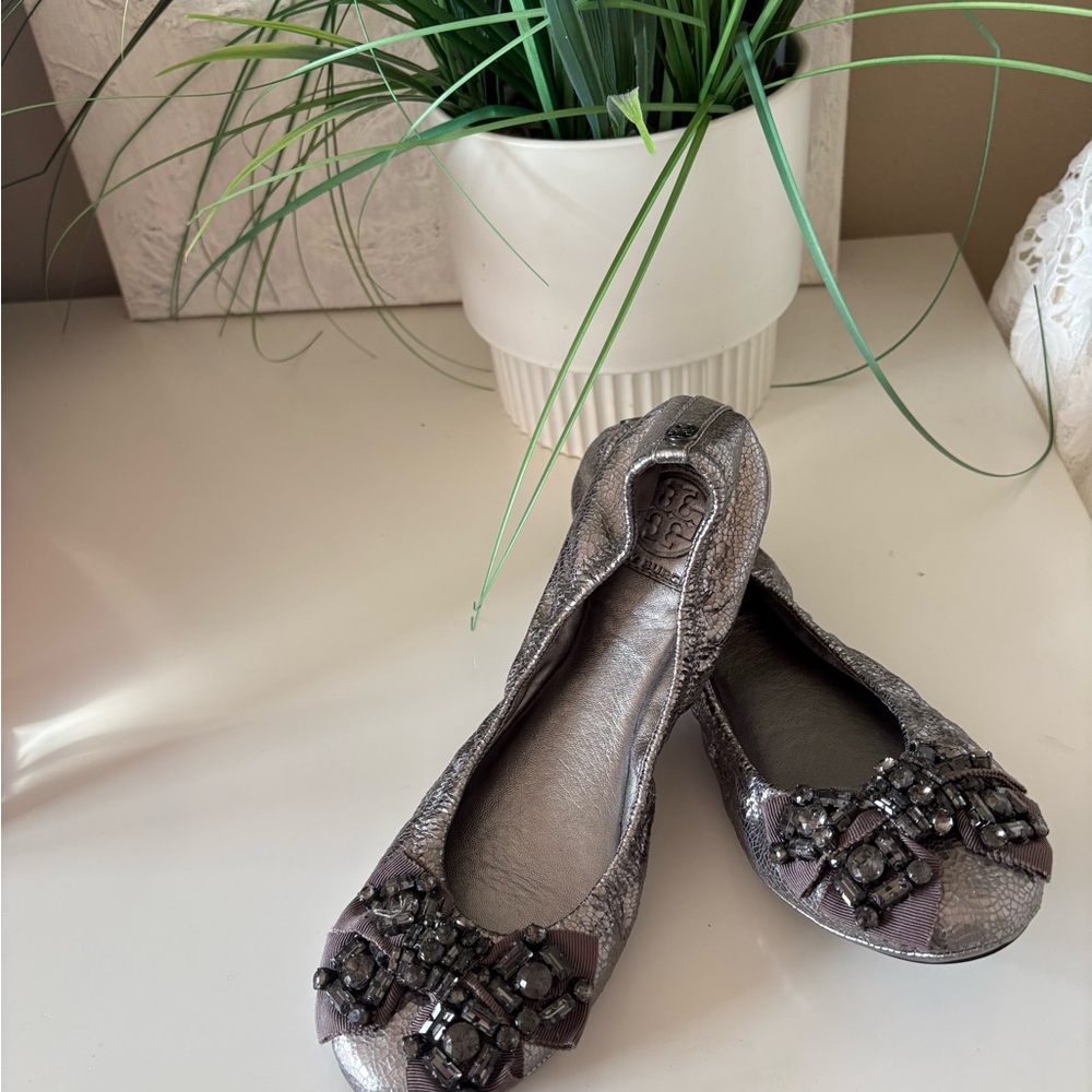 Tory Burch Gray Ballet Flats with Rhinestone Bow